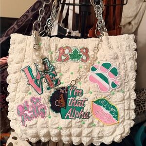 AKA White Quilted Patch Tote Bag with Pink & Green Accents